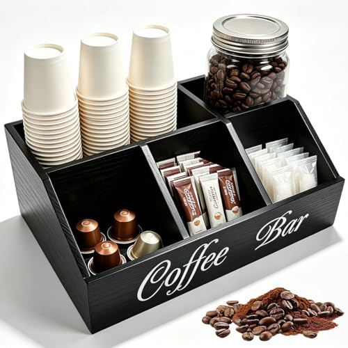 TCETCY Organizer da Banco, Organizer per Caffè in Legno con 6 Scomparti Porta Tè Caffè Cestino Organizer Caffe da Banco in Legno Organizzatore per Postazione Caffe da Bancone per Cafe, Cucina, Bar