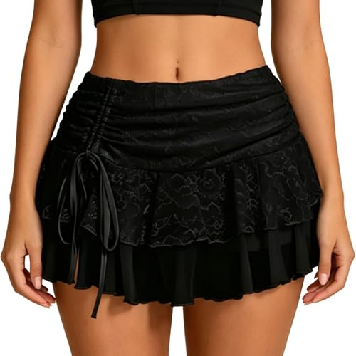 Women Lace Layered Rufle Mini Skirt Summer Elastic Flowy Micro Short Skirt | Halloween Festival Mini Tiered Lace Skirt Floral Lace Skirt Outfit Club Skirts Underskirt Lace Trim Half Slip