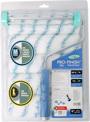 Axus Decor Pro-Finish 6PC Roller Pack (Blue Series) Roller Sleeves with 3 Medium Pile & 2 Long Pile, Paint Roller Tray & Frame for Professional & DIY Projects Core Diameter 1.75 (9/230mm,44mm core)