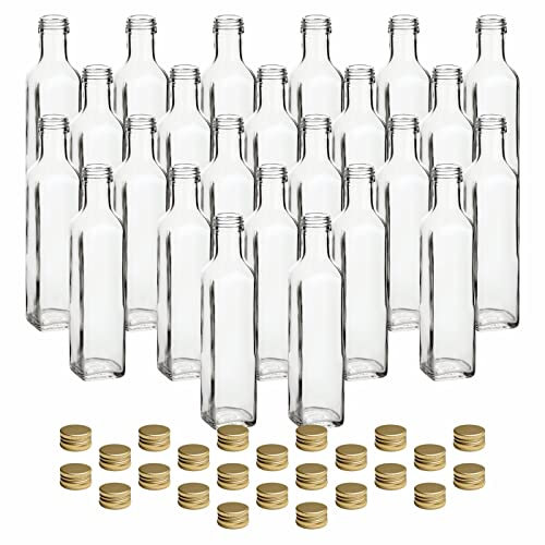 gouveo 24er Set Glasflaschen 250 ml eckig mit Schraubverschluss goldfarben - Maraska Flasche klar aus hochwertigem Glas - Ölflaschen leer zum Befüllen mit PP31,5 Deckel (MFET250G)