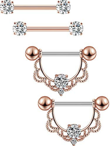 2 Paar Edelstahl Nippel Ring CZ Barbell Nippel Strass Ringe Nippel Zunge Piercing Schmuck (Rosa Gold Barren)