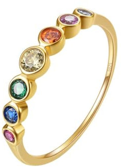 E Jewelry Rainbow Anniversary Eternity Ring für Frauen, Trauringe, Zirkonia 925er Sterling Silber Ring, 14K vergoldeter Damen Regenbogenring 62 (19,8)