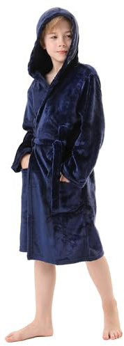 V.&GRIN Boys Fleece Robe, Hooded Plush Soft Fuzzy Bathrobe for Kids 5-14 Years（Navy 7-8
