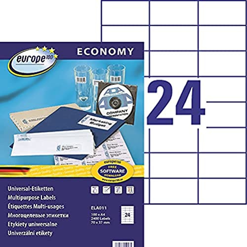 Europe 100 Étiquettes Autocollantes Blanches Personnalisables 70 x 37 mm, 2400 Pièces, Impression Laser et Jet d'Encre