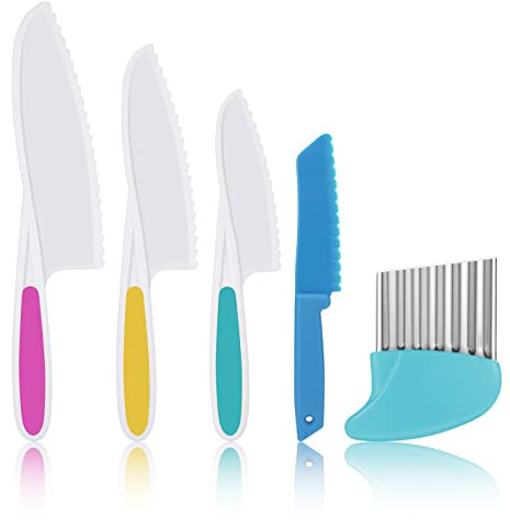AKlamater 5PCS Kitchen Safety Knives for Kids, Children's Cooking Knives in 4 Sizes, Plastic Cutting Board Grip Serrated Edges for Vegetables Fruits Salad Cake (Blue)