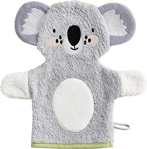 Erwin Müller Kinder Waschhandschuh, Waschlappen Koala 2-in-1 grau - kuschelweich, saugstark, mit Aufhänger, Tiger in 3D-Optik - Größe 15x28 cm