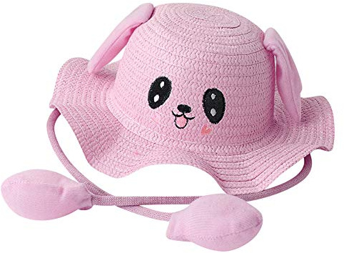 Kids Straw Sun Hat Funny Bucket Hat Wide Brim Summer Sun Protection Hat Children Foldable Beach Cap Cute Fisherman Hat UPF 50 Outdoor Sunblock Hat with Moving Ears for Girls Boys 4-8 Years Old