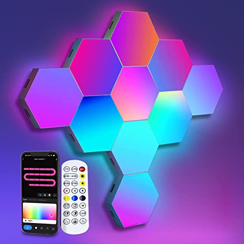 Hexagon LED Panel Wandleuchte, RGBIC Gaming LED Wand Panel Funktioniert mit Alexa und Google Assistant, Smart Sechseck Wandleuchte App und Fernbedienung, Musik-Sync, DIY Gaming Setup, 10 Panels