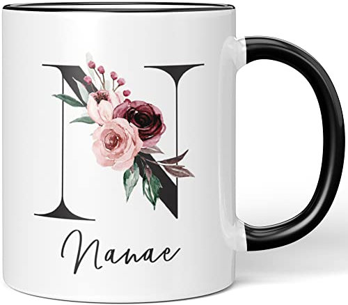JUNIWORDS Tasse, Nanae, Name Anfangsbuchstabe Initial Alphabet Floral Buchstabe N Monogramm Motiv, Schwarz (5591223)