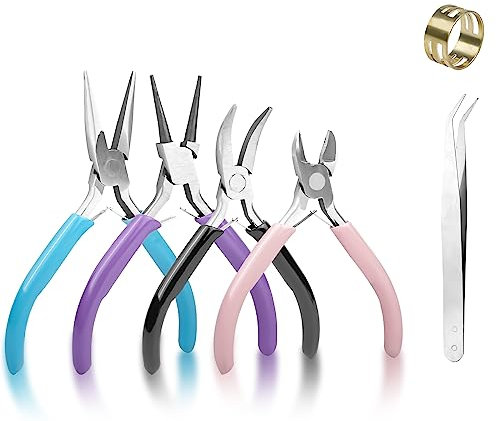 Fousenuk 4 Stück Zangenset, 4.5 Zoll, Spitzzange, Seitenschneider, Schmuckzange, Drahtschneider, Rundzange Zangen Set, Schmuckherstellung Werkzeug für Jewellery Making und Jewellery Repair