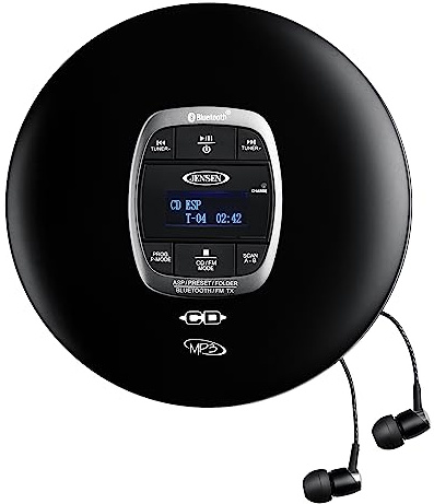 Jensen Portable CD Player Bluetooth 5.0 for Car with FM Transmitter, MP3 CD Playback, 60 Sec- Anti-Skip, Bass Boost, Rechargeable CD Player, Stereo Sport Earbuds (Matte Black)