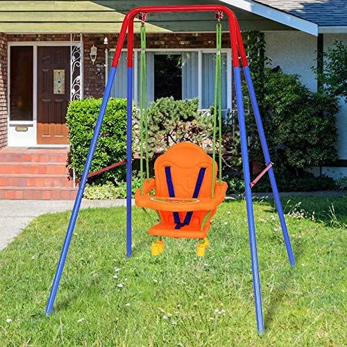 Balançoire Bébé avec Portique et Siège, Accoudoir et Ceinture Sécurité, Portique Siège de Balançoire, Balançoire-3-en-1 Balançoires pour Enfants avec Dossier, Facile à Assembler (107 * 96 * 131cm)
