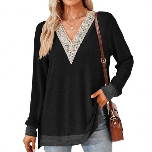 SHEYOW Camicetta da Donna Maniche Lunghe Scollo a V Maglia Casual Maglietta Lunga Donna Eleganti (2XL, Nero)