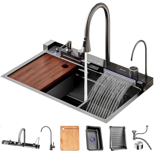 SUuim Wasserfall-Edelstahl-Digitalanzeige, Zwei Wasserfall-Auslässe, mit Pull-The-Hahn-Workstation-Waschbecken, mit Druckbecherwascher