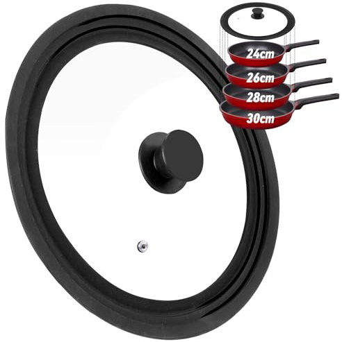 DIIG Universaldeckel Ø 24, 26, 28, 30 cm Deckel Glasdeckel mit abgestuften Silikonrand, Deckel für Pfannen und Töpfe, Topfdeckel hitzebeständig