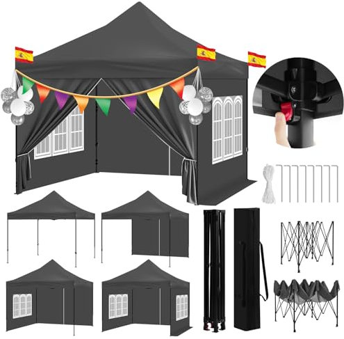 WOLTU Carpa Cenador el Techo en Punta, Pergola Plegable de Jardín, Gazebo Impermeable con Paredes de Tela Oxford, Cenador Pabellón con Ventanas y Puerta de Cremallera, Altura Ajustable,Gris