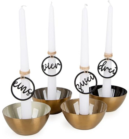 Logbuch-Verlag adventskrans metall med fyra ljus och adventsnummer av trä 1 2 3 4 guld vit svart