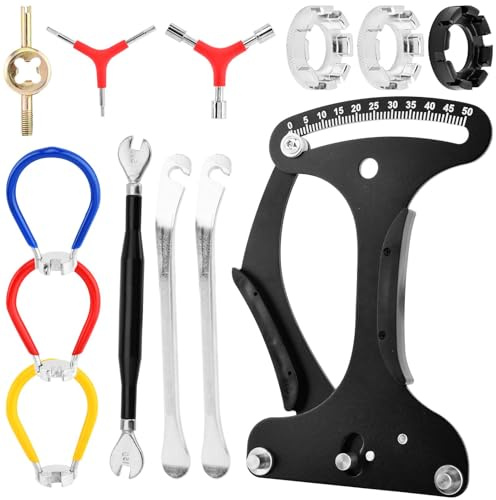 Saycker 13Pcs Bike Spoke Tool Wrench Tension Meter Set, Bike Indicator Meter Tensiometer with Wheel Repair Tool W/Valve Wrench/Spoke Wrench/Tire Lever/Hex/Socket Wrench for Bike Repair