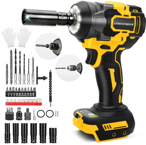 Chiave a impulsi senza fili compatibile con Dewalt 20V 18 V, 650 Nm, Avvitatore A Impulsi a batteria, 1/2 Elevata Avvitatori a Massa Battente chiave con chiave a bussola, adattatore (senza batteria)