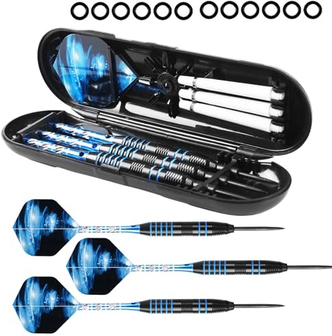 WIYETY Juego de dardos profesionales de acero con punta de metal, 22 g, 3 unidades, con caña de aluminio, vuelos de repuesto y anillos de goma, punta de metal profesional para torneos (azul)