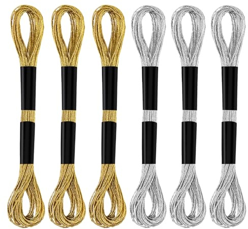 6 Madejas de Hilo de Bordar, Hilo de Bordar Metálico Hilo de Punto de Cruz para Coser Hacer Manualidades con Hilo Suministros de Arte (Oro + Plata)