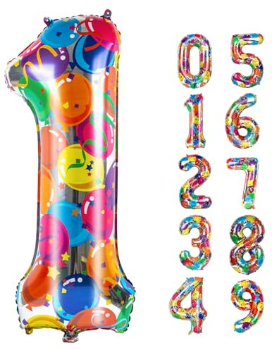 Colourful Number 1 Balloon, 40 Inch Large Number Foil Mylar Balloons for 1st 1 11 21 Girl Boy Birthday Party Celebration Decorations Supplies, Digital Balloons for Wedding Anniversary Events Decora