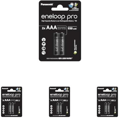 eneloop pro, AAA/Micro NI-MH Akku, 2er-Pack, Kapazität mit min. 930 mAh, Ready-to-Use NI-MH Akkus, bis zu 500 Mal wiederaufladbar, plastikfreier Verpackung, pro, schwarz (Packung mit 4)