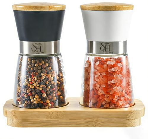 Salz und Pfeffermühle Set mit Bambusständer – 2er Set, Keramikmahlwerk, Nachfüllbar, inkl. Zubehör: Trichter & Bürste – SHIVANA