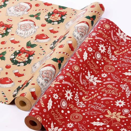 AhfuLife Rullar presentpapper julset, 43 cm x 15 m set med julpapper, natur kraftpapper julklappspapper för jul presenter förpackning (V: jultomten/röda klockor)