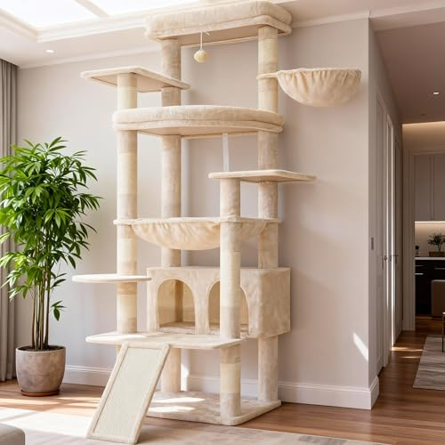 Heybly Kattklätterträd 202 cm - Stort Kattklättringsträd med 2 Extra Stora Plattformar, Kattkoja, Korg, Sisalrep, Klösbräda & Hängmatta för Vuxna Katter i, Beige Färg HCT038M