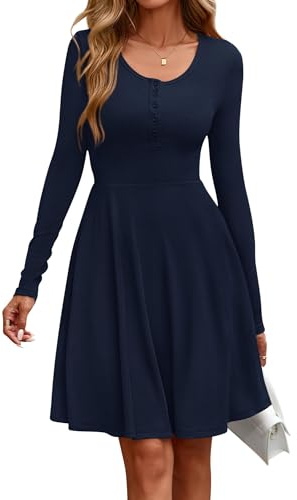 EIRUKON Damklänning, långärmad rund hals, höstklänning, elegant tröjklänning, ribbad knälång, ledig höst, vinter, A-linje, midiklänning med fickor, blå, S