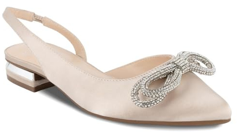 Jones New York Women’s Pointed Toe Slingback Flats with Rhinestone Bow, Low Heel Dress Shoes for Work or Evening - Quentina-Neutral Size 6