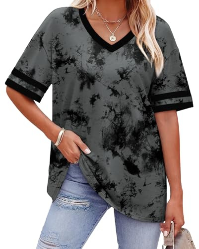 WIHOLL Tie Dye Shirt Womens Dressy Tops Womens Summer Tops for Women Trendy V Neck Tshirts Shirts for Women Clothing Plus Size Spring Clothes 2026 Striped Short Sleeve Work Grey Tie Dye L
