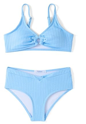 Arshiner Fille Ensemble Bikini Côtelé Enfants Été Deux Pièces Unicolore Maillots Bain Surf Bustier et Slip Tankini Bikini pour Filles 11-12 Ans Bleu