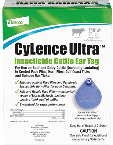 Elanco CyLence Ultra Insecticide Cattle Ear Tags | Fly & Tick Pest Control Ear Tags | 20 Cattle Ear Tags