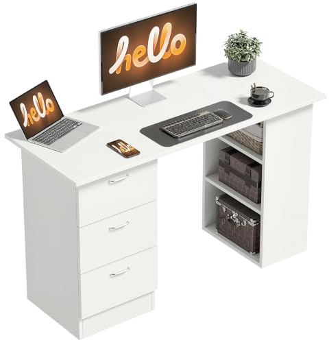 HOMCOM Bureau d'Ordinateur avec 3 Tiroirs Moderne 120x49x72cm Blanc | 3 Étagères Ouvertes, Rangement Réversible, Table Informatique, Chambre, Petit Espace, Télétravail