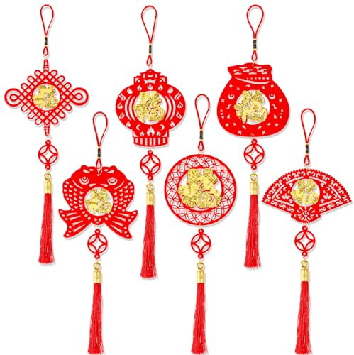 HOWAF 6pcs Chinese New Year Hanging Decorations Ornament, Gold Red Tassel Chinese Knot Pendants for Spring Festival Decorations Hanging of Car Door Window Wall Home Decor, Blessing Wealth Success