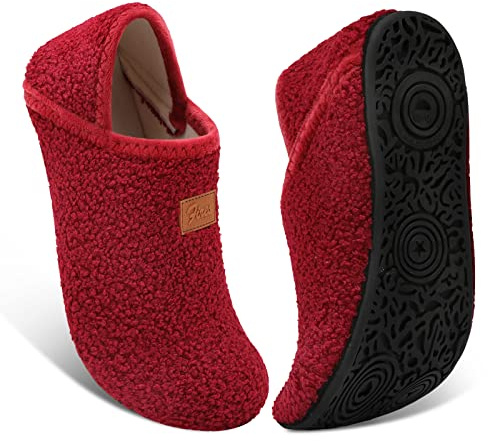 Fires Womens Mens Slippers with Rubber Sole Soft-Lightweight House Slipper Socks Around House Shoes Non Slip Indoor/Outdoor, Winered, 7-7.5 Women/5.5-6 Men