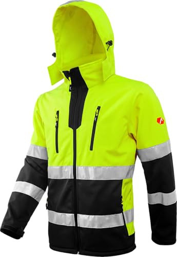 ACE Neon Warnschutz-Jacke - starke Softshell-Warnjacke inkl. Reflektoren und abnehmbarer Kapuze - EN ISO 20471 - Gelb - 3XL