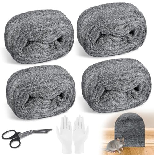 MeYuxg 4 Stück 5m Stahlwolle Gegen Mäuse, Effektive Rattensichere Stahlwolle für Löcher und Wand Risse von Haus,Garten, zum Reinigen und Polieren von Stahlwolle Fein, mit Handschuhen