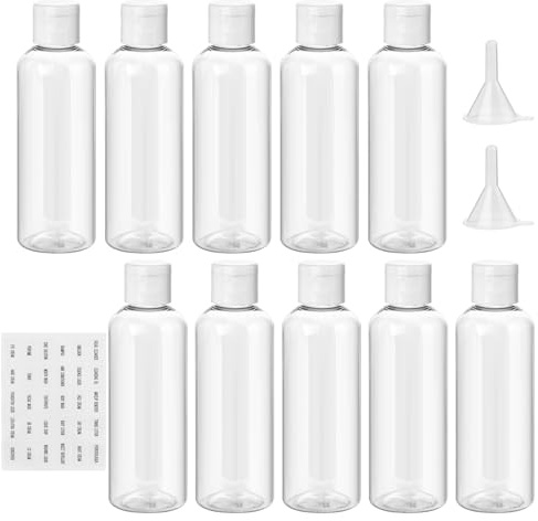 flintronic Set med 100 ml tomma reseflaskor, reseflaskor för fyllning med liten tratt, flaskflaskor för kosmetika med tratt, för flygresor, schampo, affärsreselotion (10 stycken)
