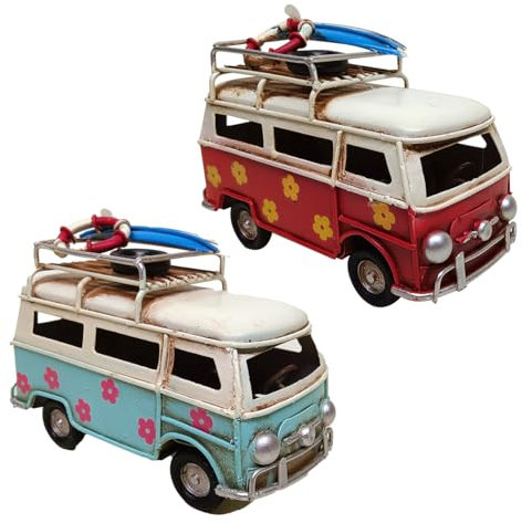 CAPRILO Set de 2 Figuras Decorativas de Metal Furgonetas Surferas Azul y Roja. Adornos y Esculturas. Decoración Hogar. Regalos Originales. 11 x 5 x 8 cm.
