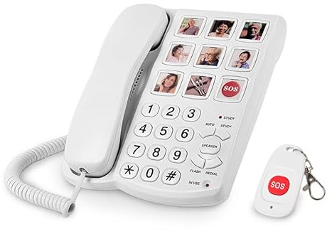 Telefoni Fissi per Casa, Telefono con Pulsanti Grandi per Anziani, Telefono con Filo con Telecomando One Touch per Composizione SOS, Qualità Audio HD Vivavoce, Suoneria Extra