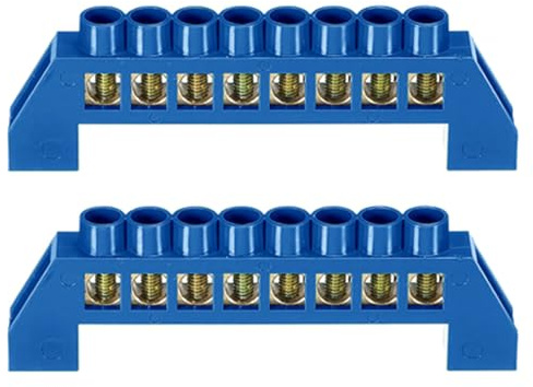 2 piezas Barra de terminales neutros de 8 posiciones, alambre de latón, barra de bus de terminales con tornillo, bloque de tira de conexión a tierra, carcasa azul para distribución eléctrica