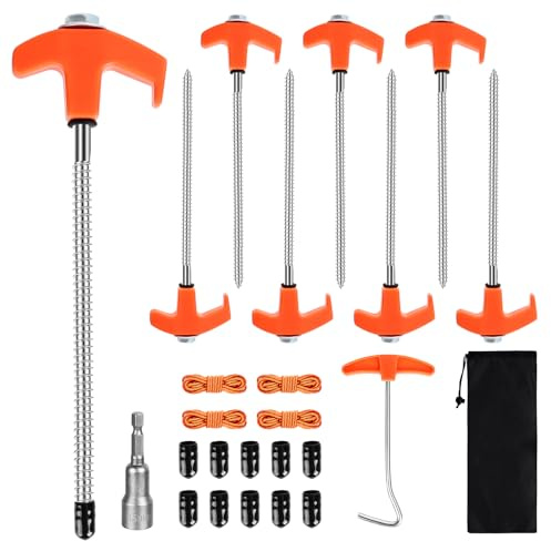 JABNOW Picchetti per Tenda da Campeggio, 8 Picchetti in Acciaio 20CM + 4 Corde da 4 M+1 Estrattore per Chiodi, 1 Chiave, Lunghi e Robusti per Tenda Terreno Duro e Outdoor Prati Forestali
