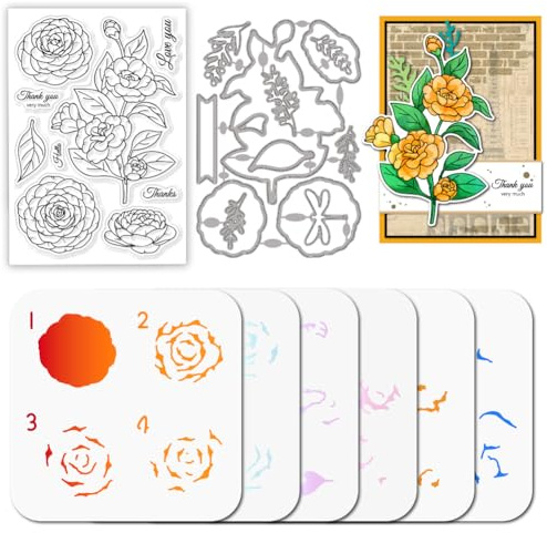 GLOBLELAND Stampi trasparenti a strati con camelia da colorare e fiori foglie con stencil per disegno intagliato per pittura stencil per fai da te scrapbooking album fotografico biglietti decorativi