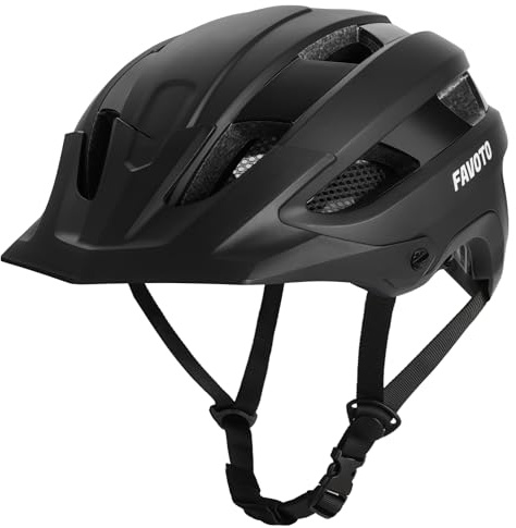 Favoto Mountain Bike Helmet, Lightweight MTB Road Bicycle Helmet for Men and Women, Matte Black, Triple-Shell Design, CE Certified, Removable Peak