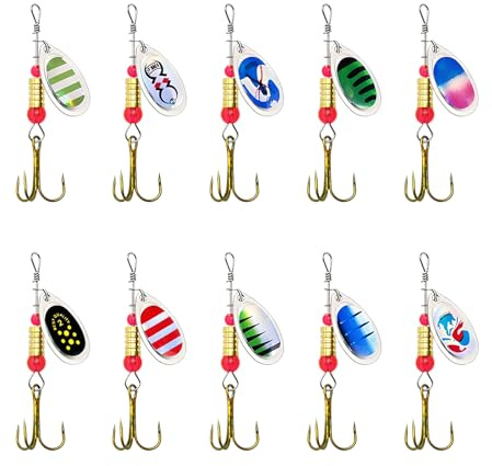 Luxvara Set di 10 Esche da Pesca, Esche da Pesca Metalliche con Paillette, Cucchiaini da Pescas, Esches Artificiali Mare con Scatola Trasparente per Trota Luccio Persico Lucioperca