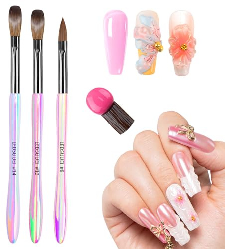 LEDSUUEI Pincel acrílico para uñas – Tamaño 8/12/14 Kolinsky Nail Pincel para polvo acrílico, pincel de arte de uñas para uñas de gel, acrílico líquido acrílico uñas para el salón de uñas profesional