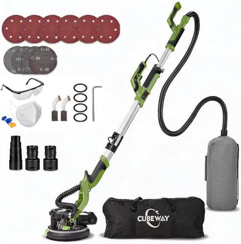 Lijadora de cartón yeso, lijadora de pared de 750 W con sistema de vacío automático y jirafa lijadora de diámetro de 214 mm, incluye bolsa de extracción, luz LED, caja de cambios de 7 velocidades